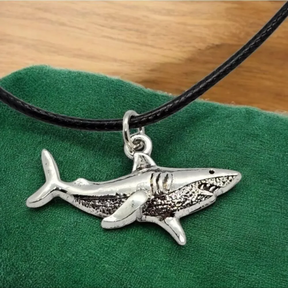 Silver Shark Pendant Nautical Ocean Necklace Black Corded Sea Creature Jewelry